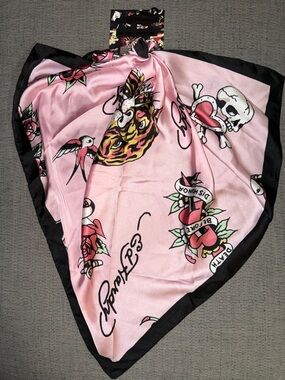 Ed Hardy Tattoo Print Silk-Feel Scarf